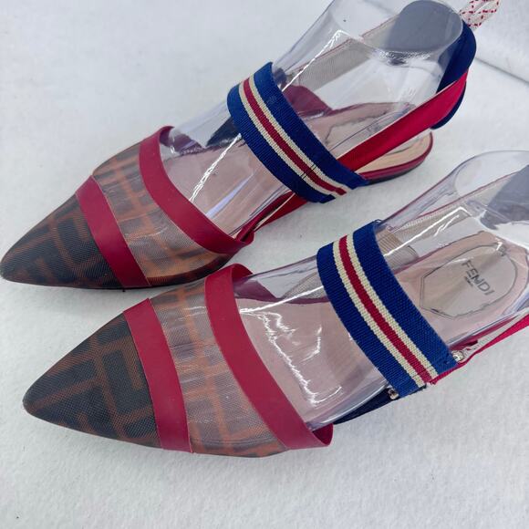 FENDI Colibri red sheer mesh mixed fabric sport strap flats Sz 37 Designer Shoes - Picture 13 of 13